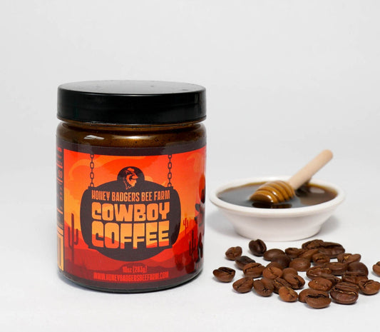 All-natural Cowboy Coffee instant honey coffee from Honey Badgers Bee Farm in a jar, ready to mix with hot water.