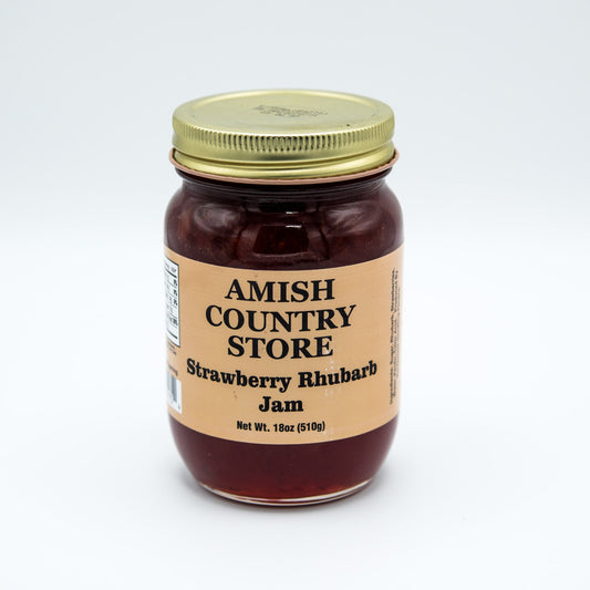 Amish Country Store strawberry rhubarb jam in an 18 oz canned good jar with a colorful label.