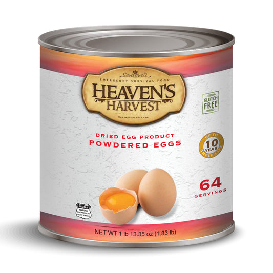Front view of Heaven's Harvest Breakfast Bundle with #10 cans of eggs, showcasing the canned eggs product for breakfast preparation.