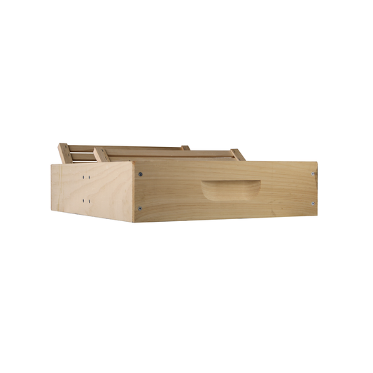 Galena Farms Amish-made 8-frame feeder box with floating slatted boards for safe, efficient hive feeding, shown from front angle
