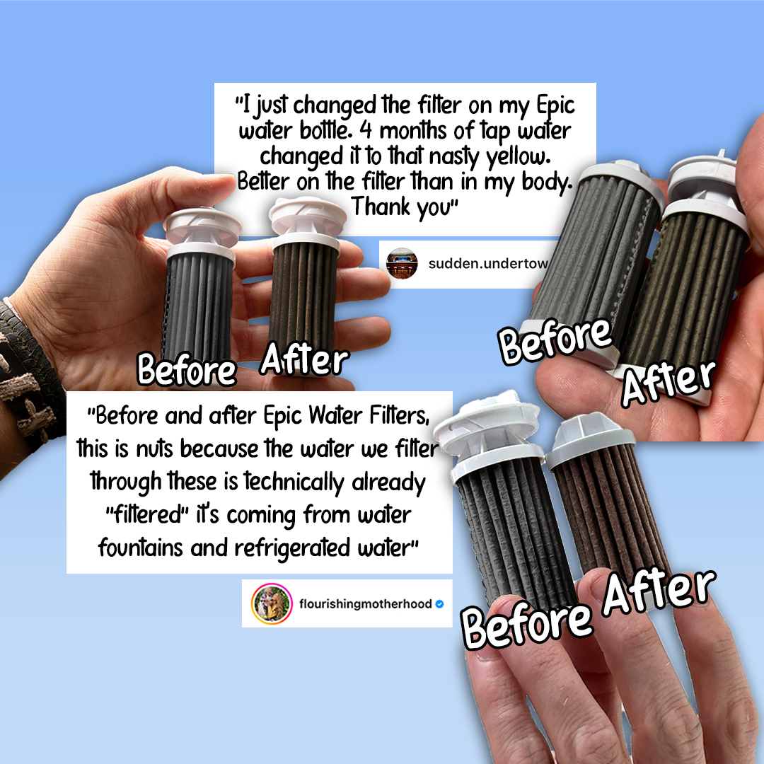Epic Water Filters USA Everywhere Bottle replacement filter cartridge showing before-and-after filtration images.