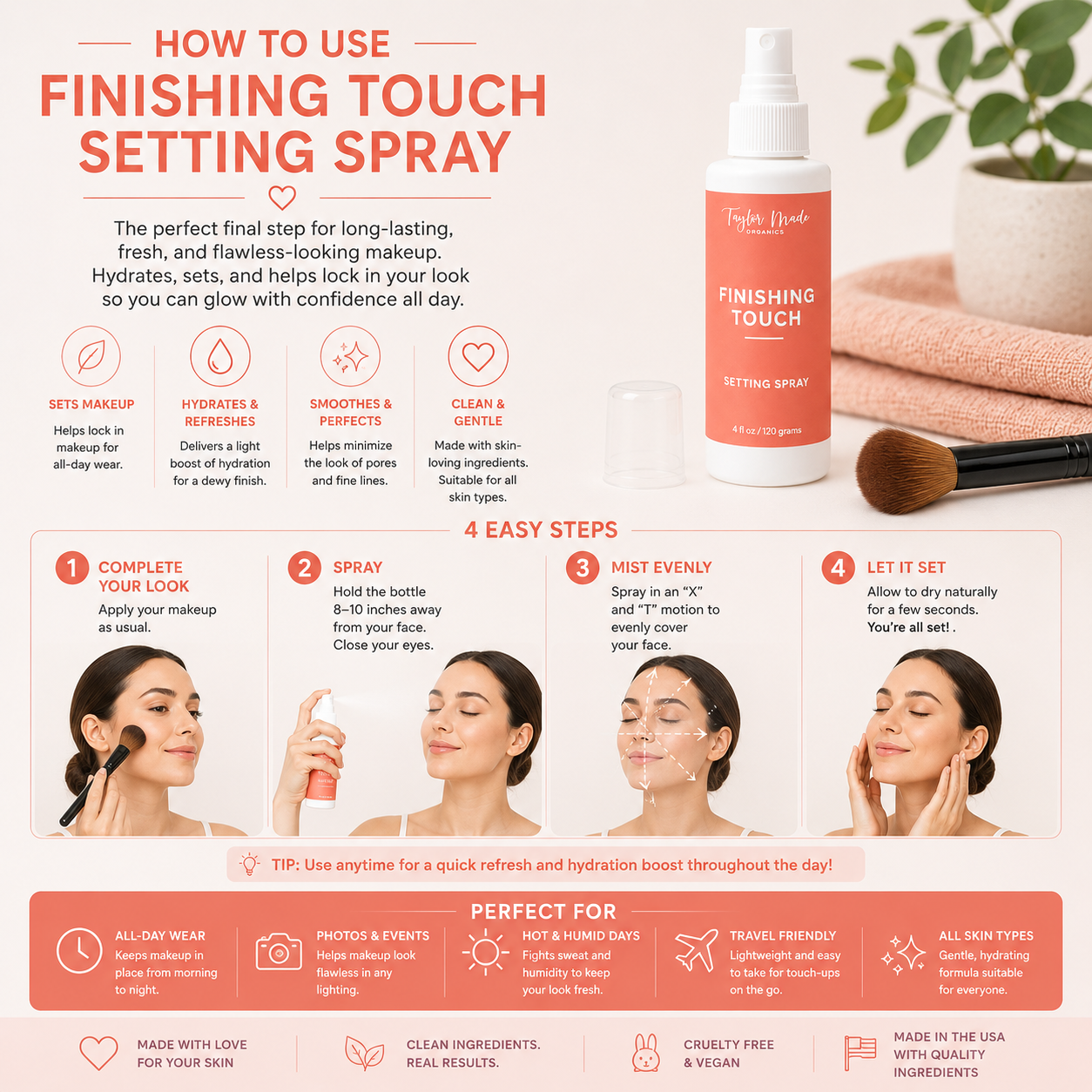 Organic Finishing Touch Setting Spray by Taylor Made Organics for makeup setting and long-lasting hold.