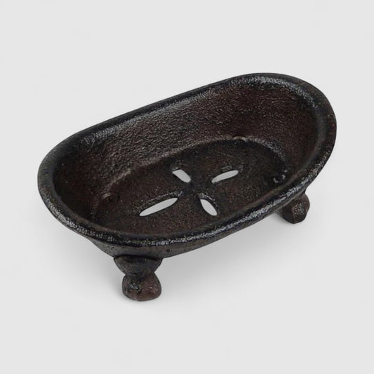 Vintage cast iron bathtub soap dish by Iron & Blossom, antique-style bathroom accessory with ornate detailing.