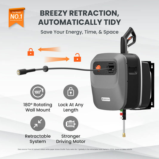 Giraffe Tools US Grandfalls G20 retractable pressure washer with hose reel and spray gun for outdoor cleaning tasks