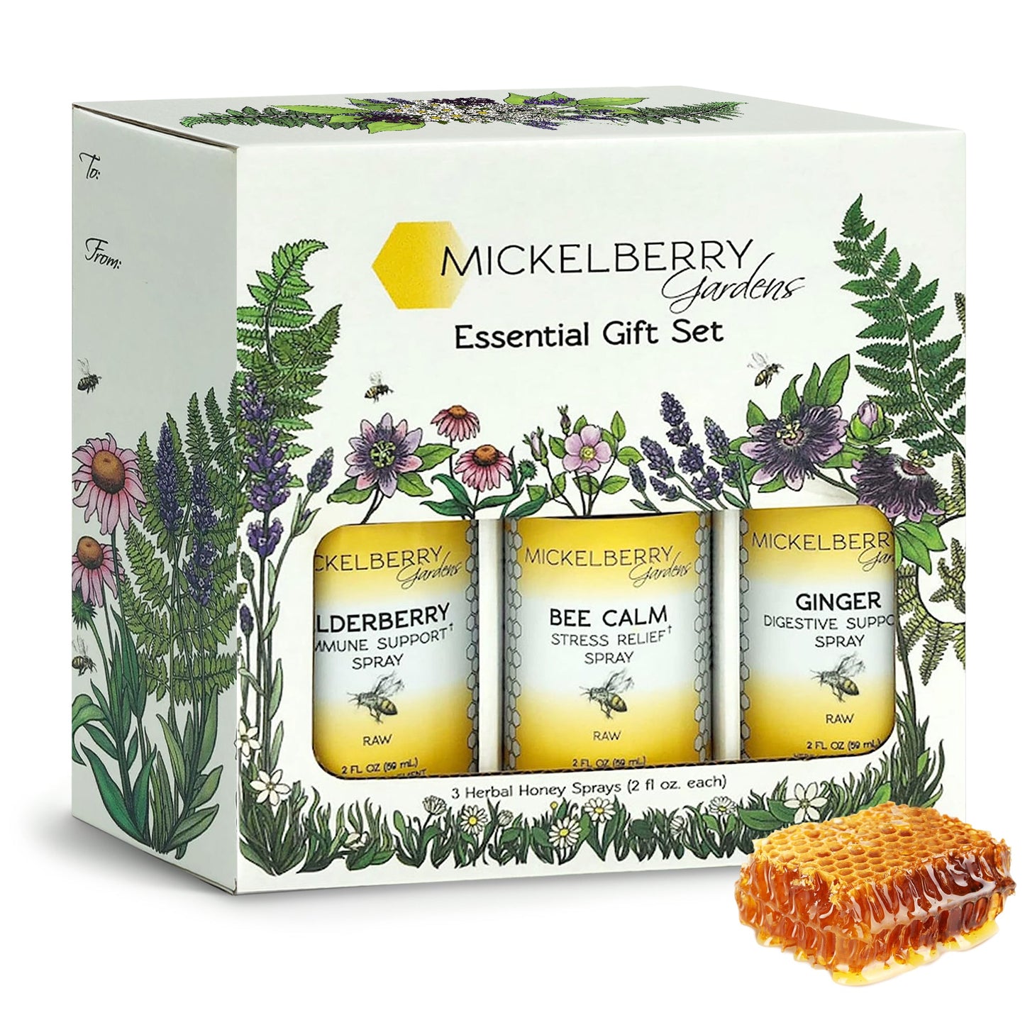 Mickelberry Gardens honey tonic gift set featuring bottles of honey tonic and complementary products arranged for display.