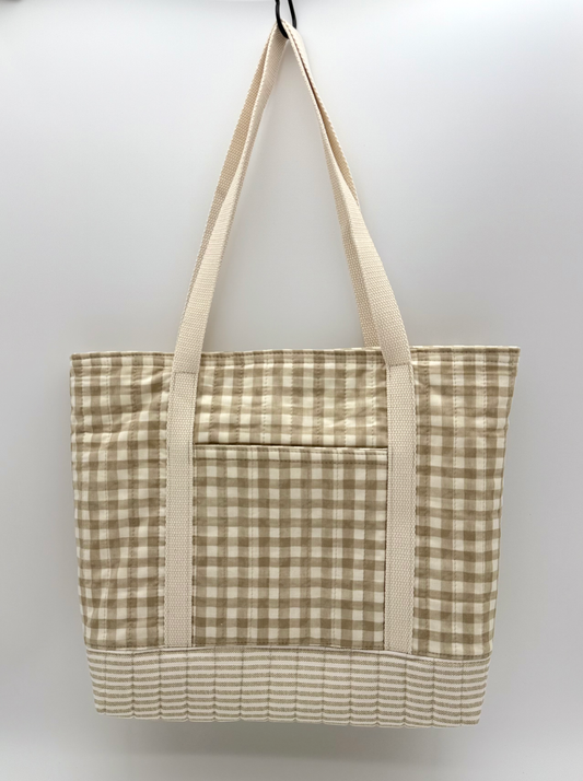 Handmade Gingham tote bag in taupe and cream with quilted bottom, showing back view with stripe detail from C2 Creations LLC.
