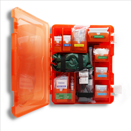 Open Rapid Care First Aid hardshell survival kit showing bandages, antiseptic wipes, and medical supplies inside a durable case