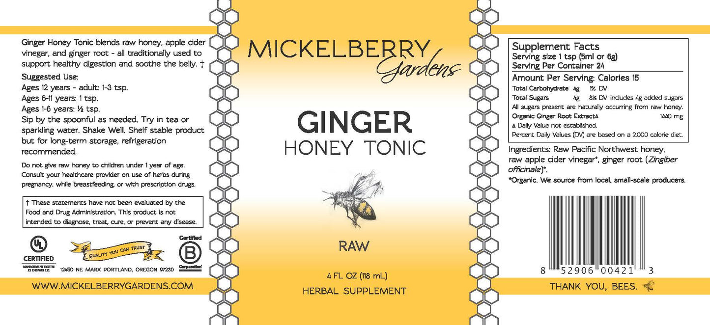 4oz bottle of Mickelberry Gardens Ginger Honey Tonic showing a clear glass bottle with a golden honey and ginger infusion.