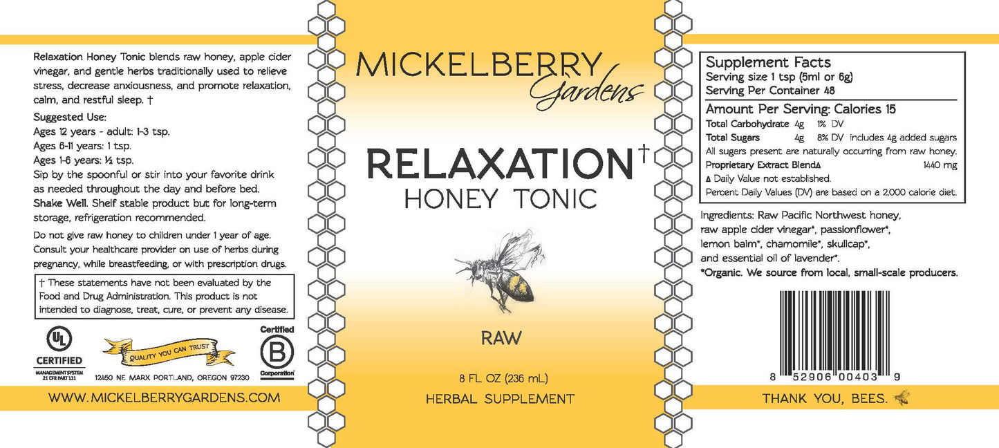 8oz bottle of Mickelberry Gardens Relaxation Honey Tonic with honey and herbal ingredients in a clear glass bottle.