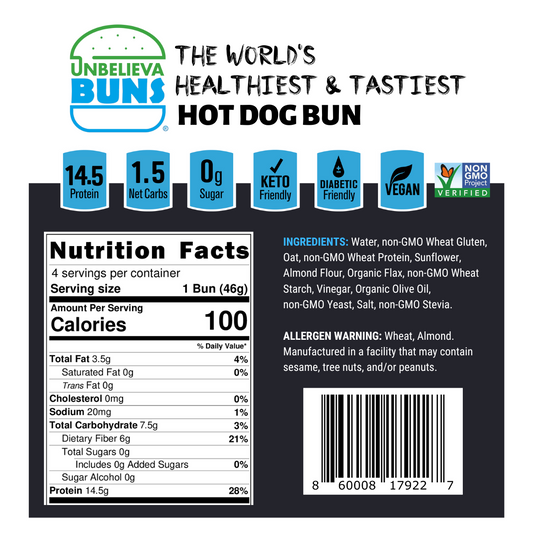 Unbelievabuns high protein, low-carb hot dog buns packaging with four bags, totaling 12 buns arranged on a label.