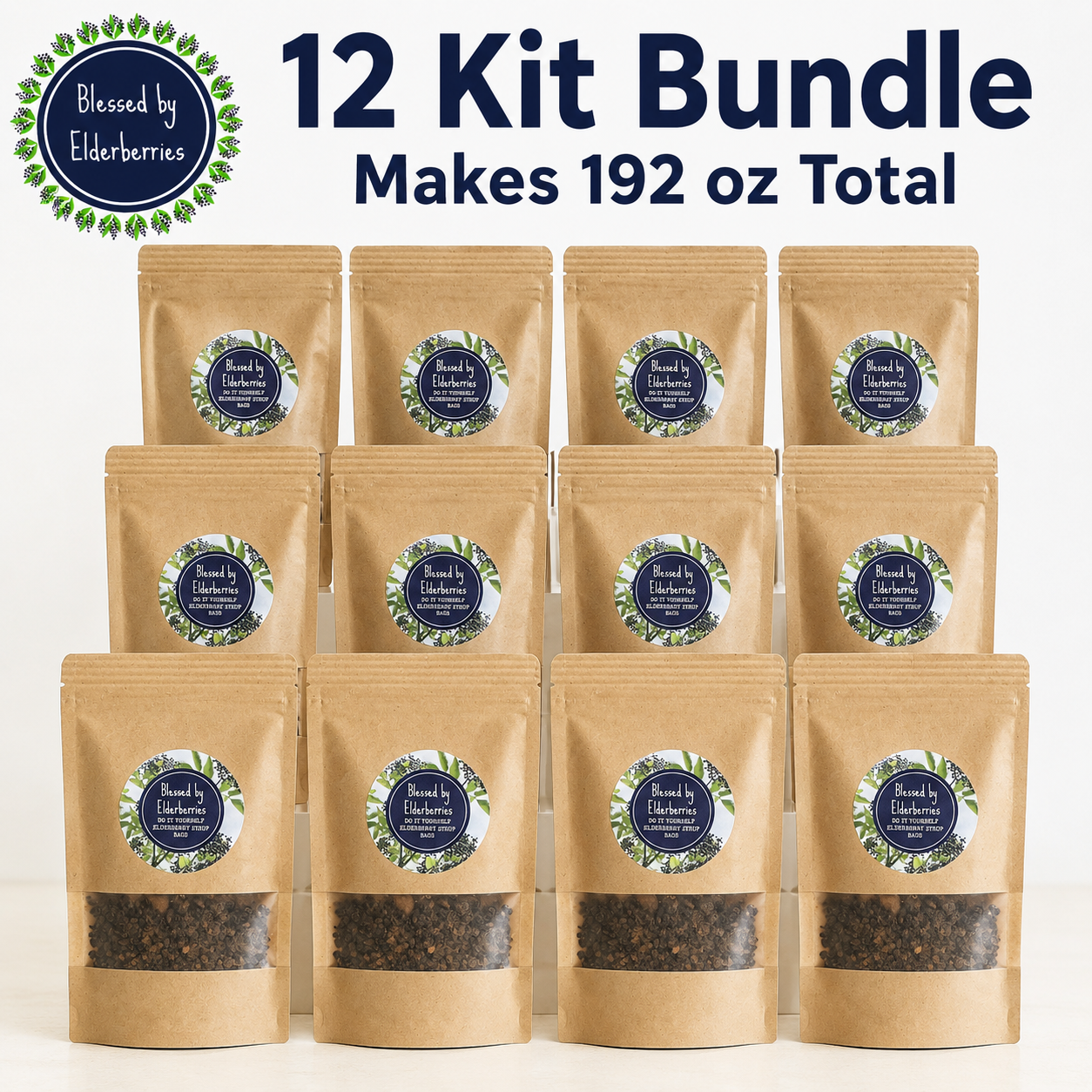 DIY pint-sized elderberry syrup kit by Blessed by Elderberries, featuring jars, elderberries, and brewing supplies for homemade syrup.