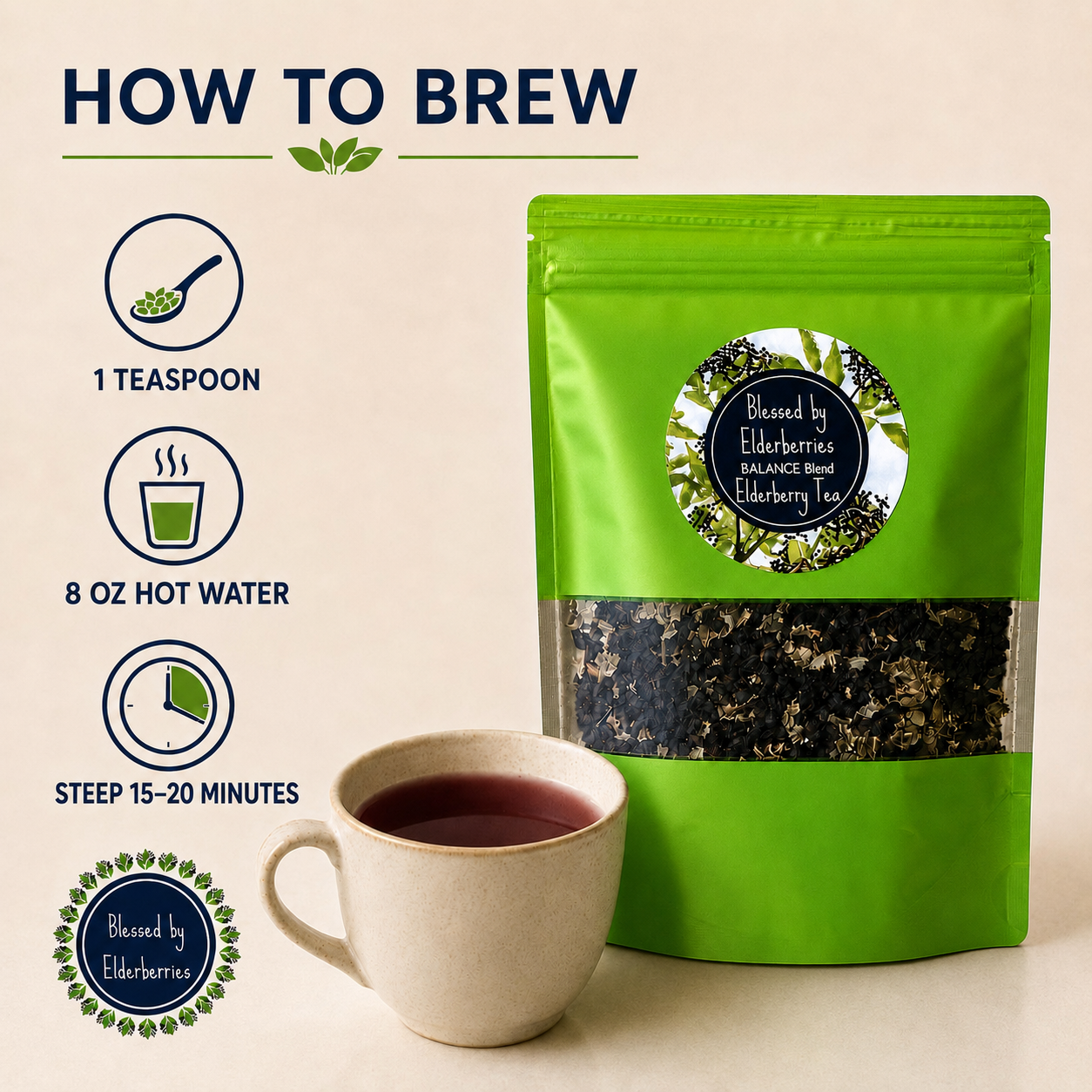 Balance Blend Elderberry tea by Blessed by Elderberries in a clear glass cup with fresh elderberries and tea leaves.