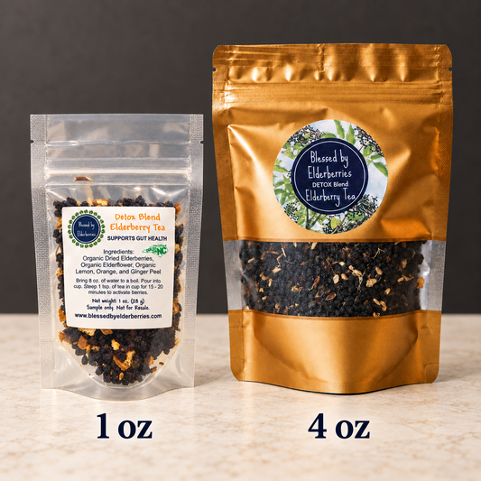 Dried elderberries in a jar for detox blend elderberry tea by Blessed by Elderberries, suitable for making herbal infusions.