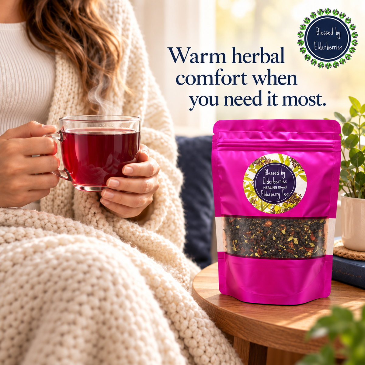 Healing blend Elderberry tea by Blessed by Elderberries in a cozy cup with fresh elderberries and tea leaves.