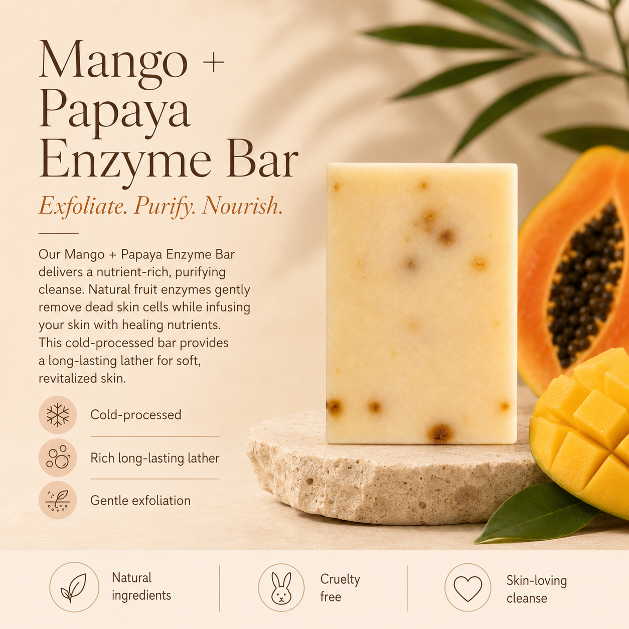 Timeless Organics Mango + Papaya Enzyme Bar Soap featuring fresh fruit slices and natural ingredients in a clear soap bar.
