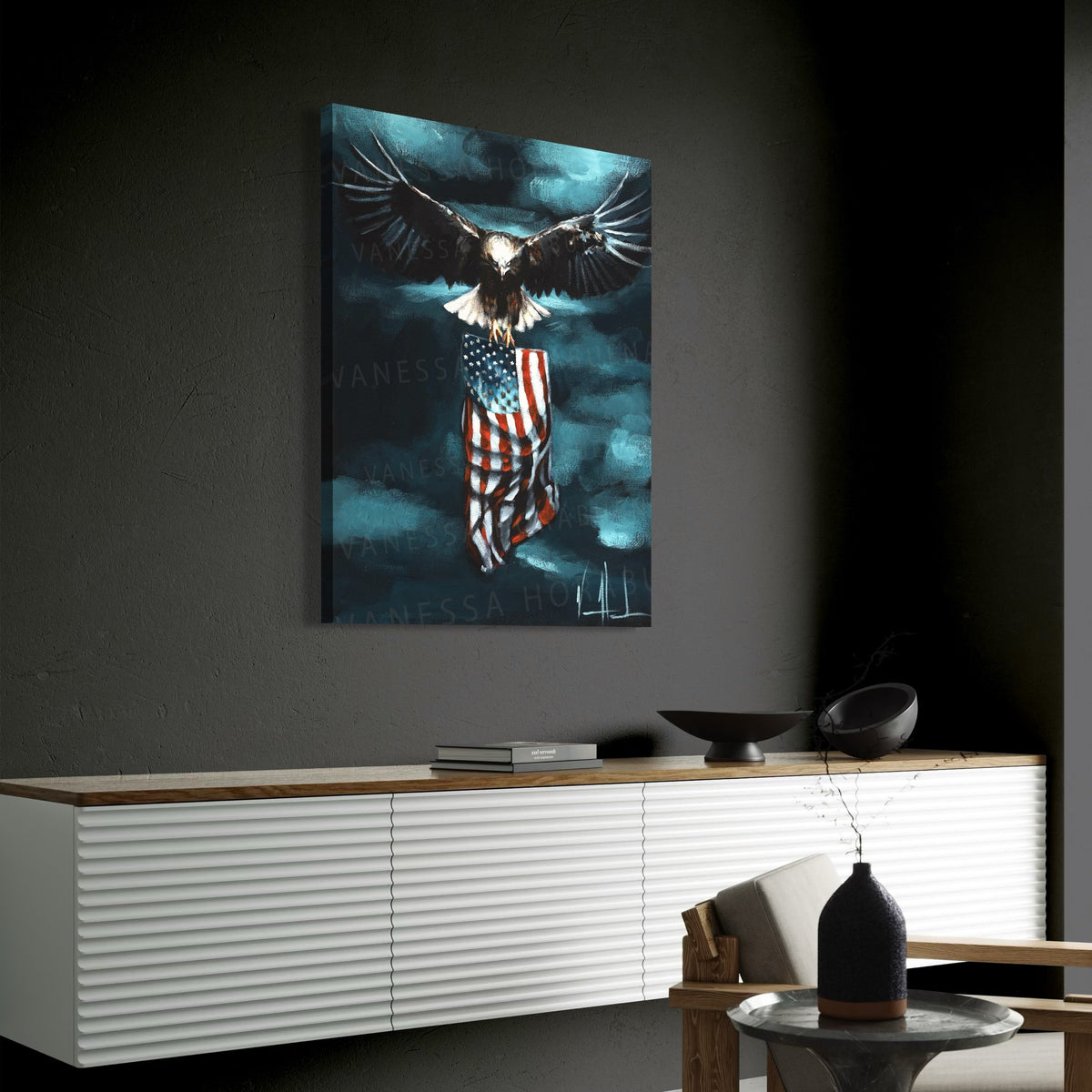 Patriotic art print titled "Revive Our Nation" by Vanessa Horabuena, featuring vibrant American flag and patriotic imagery.