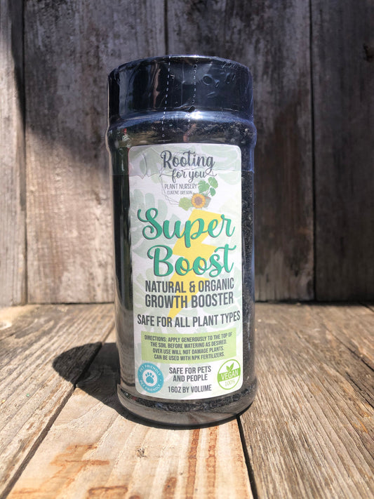 Rooting For You Plant Nursery Super Boost organic growth booster in 16oz bottle, suitable for all soil types and PET safe.