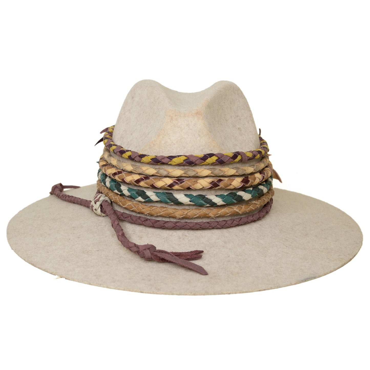Red braided hat band by Rebekah Scott Designs, featuring intricate woven detail for stylish accessory enhancement.