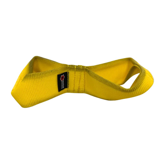 Yellow JR Tugs-A-Lot double-loop firehose dog toy by Recycled Firefighter, ideal for tug-of-war play and durable fun.