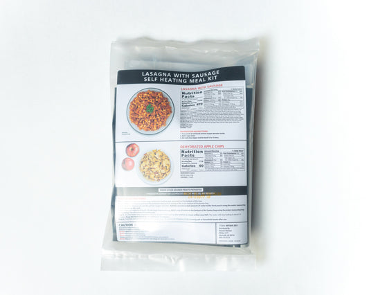 Heaven's Harvest self-heating lasagna with sausage meal kit, freeze-dried food in a white background.