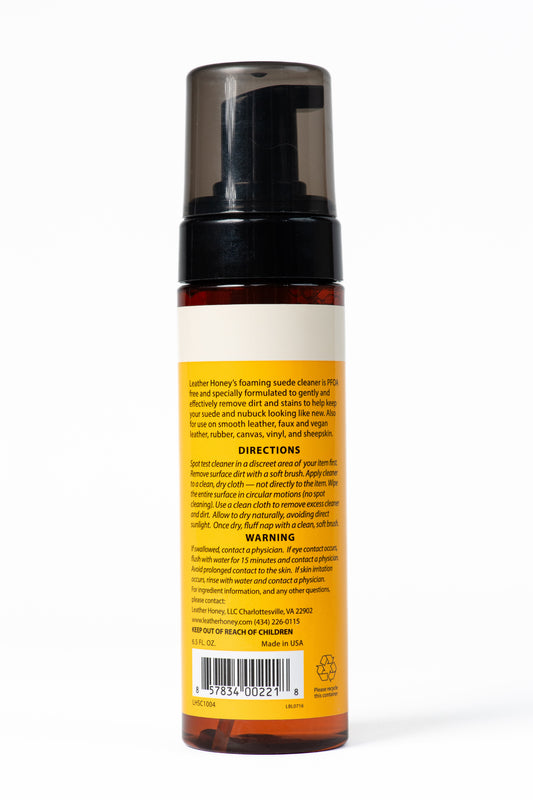 Leather Honey suede and nubuck cleaner for leather care, shown in a 27ml bottle with cleaning solution and applicator.