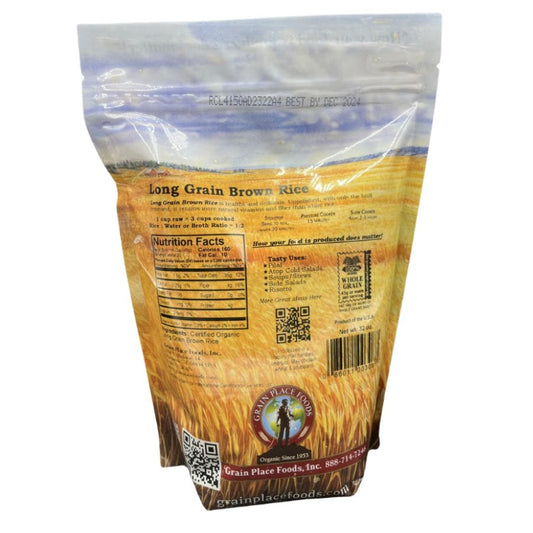 Organic long grain brown rice in 2 lb bag from Grain Place Foods, featuring a clear image of the rice packaging.