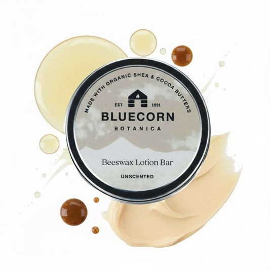 Unscented Bluecorn Beeswax Lotion Bar from Bluecorn Candles in a natural, unwrapped apothecary-style presentation.