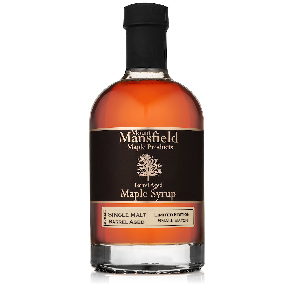 Single malt barrel aged Vermont maple syrup from Mount Mansfield Maple Products in a 375ml bottle.