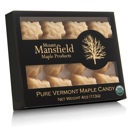 Organic pure maple sugar candy by Mount Mansfield Maple Products, showing a close-up of the amber-colored maple candy.