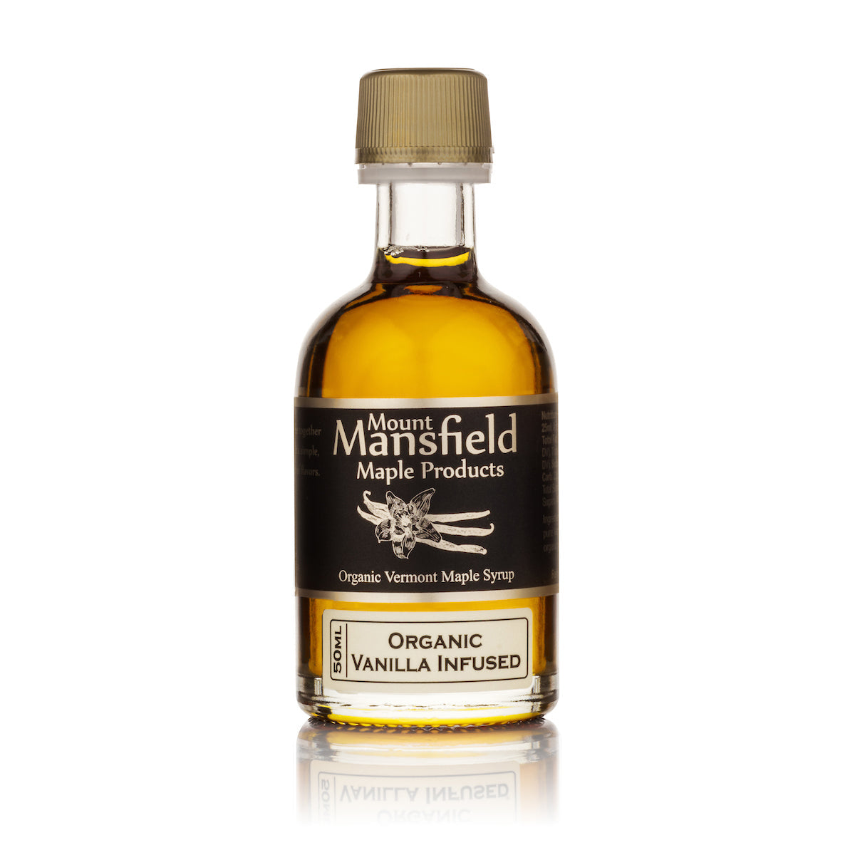 Vanilla bean infused Vermont maple syrup by Mount Mansfield Maple Products in a 50ml bottle.