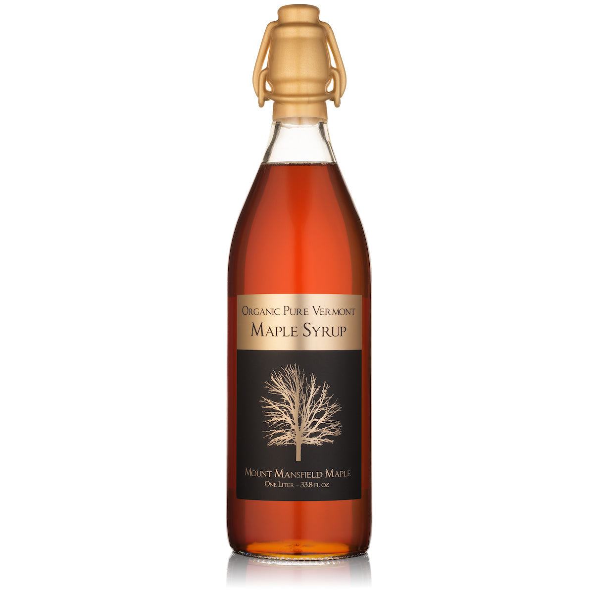 Organic Vermont maple syrup in a 1-liter swing top bottle by Mount Mansfield Maple Products, showcasing the classic bottle and label.