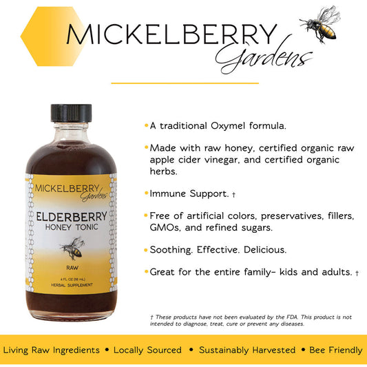 Mickelberry Gardens Elderberry Honey Tonic in a 4oz bottle, featuring a honey tonic with elderberry ingredients.