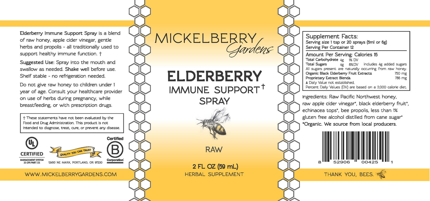 Mickelberry Gardens Elderberry Immune Support Spray label showing honey tonic, 2oz bottle with elderberry and immune support ingredients