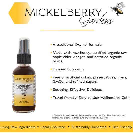 Mickelberry Gardens Elderberry Immune Support Spray in a honey tonic bottle, showcasing the herbal immune booster product.
