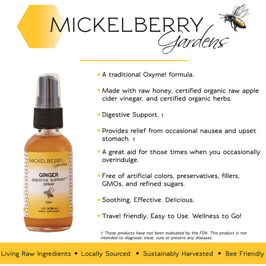 Mickelberry Gardens ginger digestive support spray in a glass bottle, featuring honey tonic ingredients for digestive health.