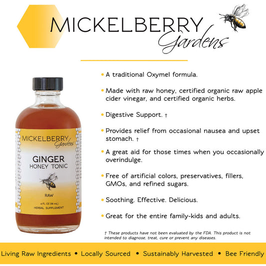 4oz bottle of Mickelberry Gardens Ginger Honey Tonic featuring fresh ginger and honey in a clear glass bottle.
