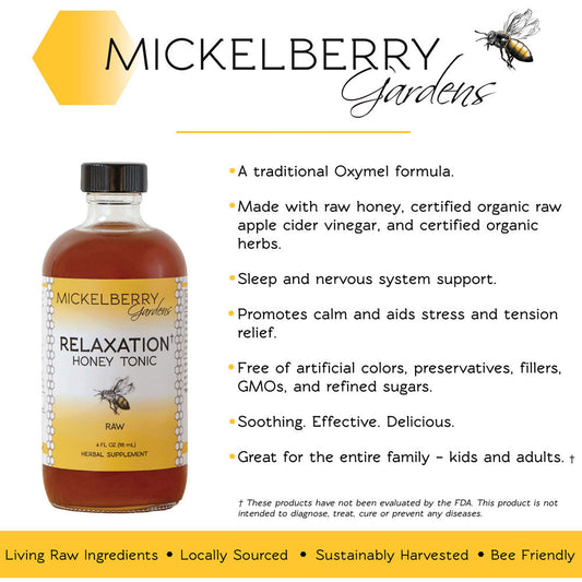 Mickelberry Gardens Relaxation Honey Tonic in a 4oz bottle, featuring a golden honey liquid with a natural herbal infusion.