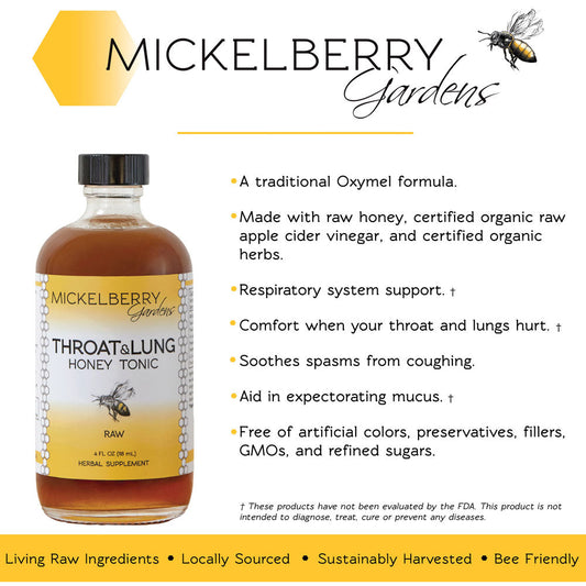 Mickelberry Gardens throat and lung honey tonic in a 4oz jar, featuring natural honey and herbal ingredients for soothing relief.
