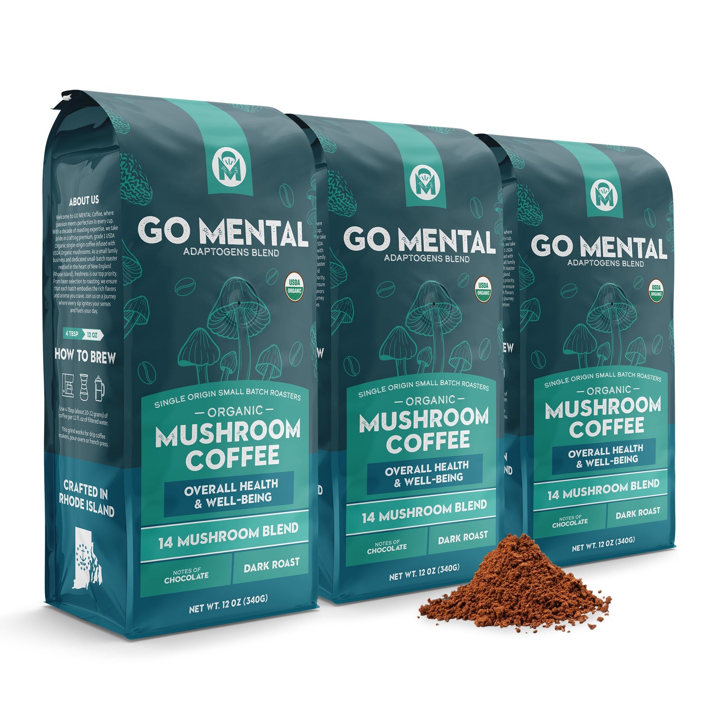 Cup of GO MENTAL MUSHROOM COFFEE 14 Mushroom Adaptogens Blend in a mug, with scattered mushroom ingredients on a wooden surface.