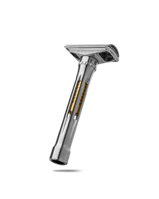 Osprey Razor by Blackland Razors, dynamic machined back design, showcasing sleek stainless steel construction and craftsmanship.