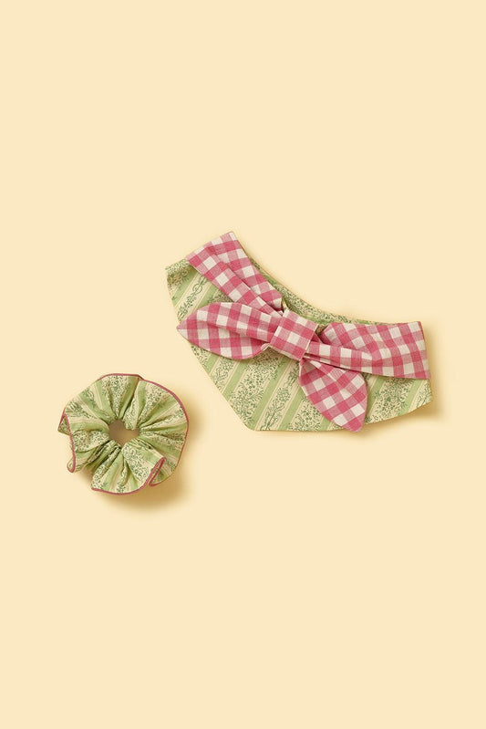 Handmade BarkBarkBaby Picnic Bliss floral gingham print scrunchie with vibrant pink and green checks, perfect for summer accessories.