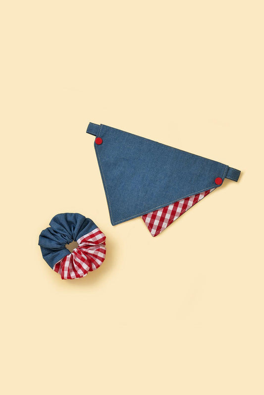 Park Day Denim Gingham Print handmade scrunchie by BarkBarkBaby featuring blue denim and classic gingham pattern for hair styling.