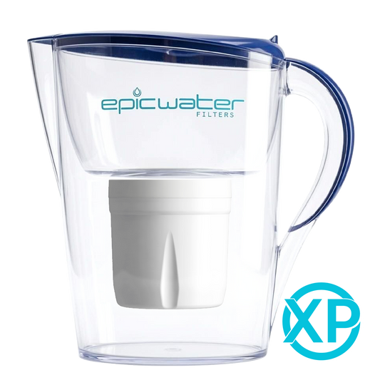 Pure XP pitcher by Epic Water Filters USA in blue, designed to reduce fluoride, PFAS, and parasites in drinking water.