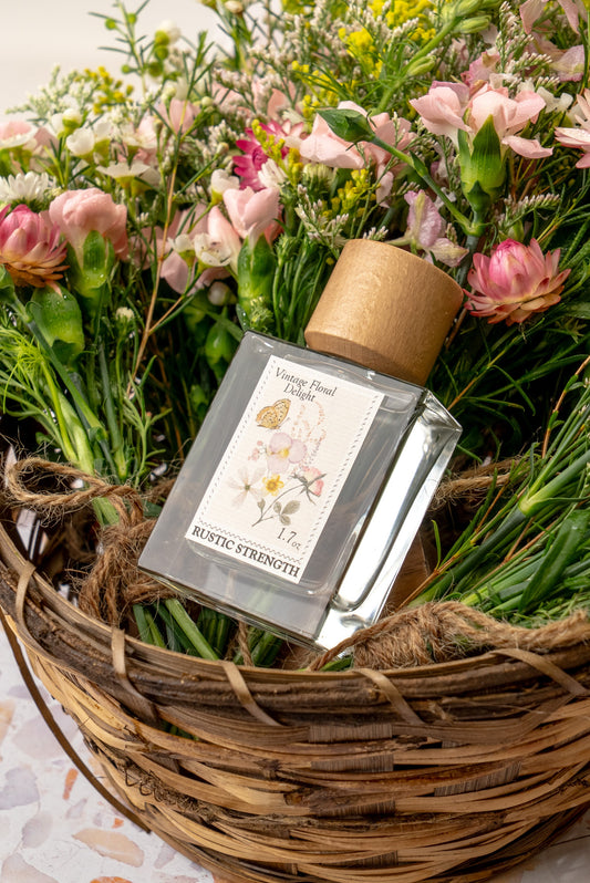 Rustic Strength Vintage Floral Delight perfume bottle, 1.7oz, with an elegant floral design and vintage-inspired packaging.