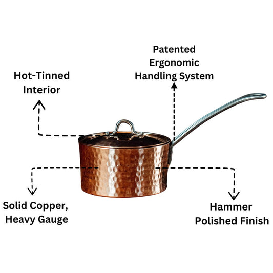 Small French copper butter pot with lid from Sertodo, featuring a polished exterior and sturdy handle for kitchen use.