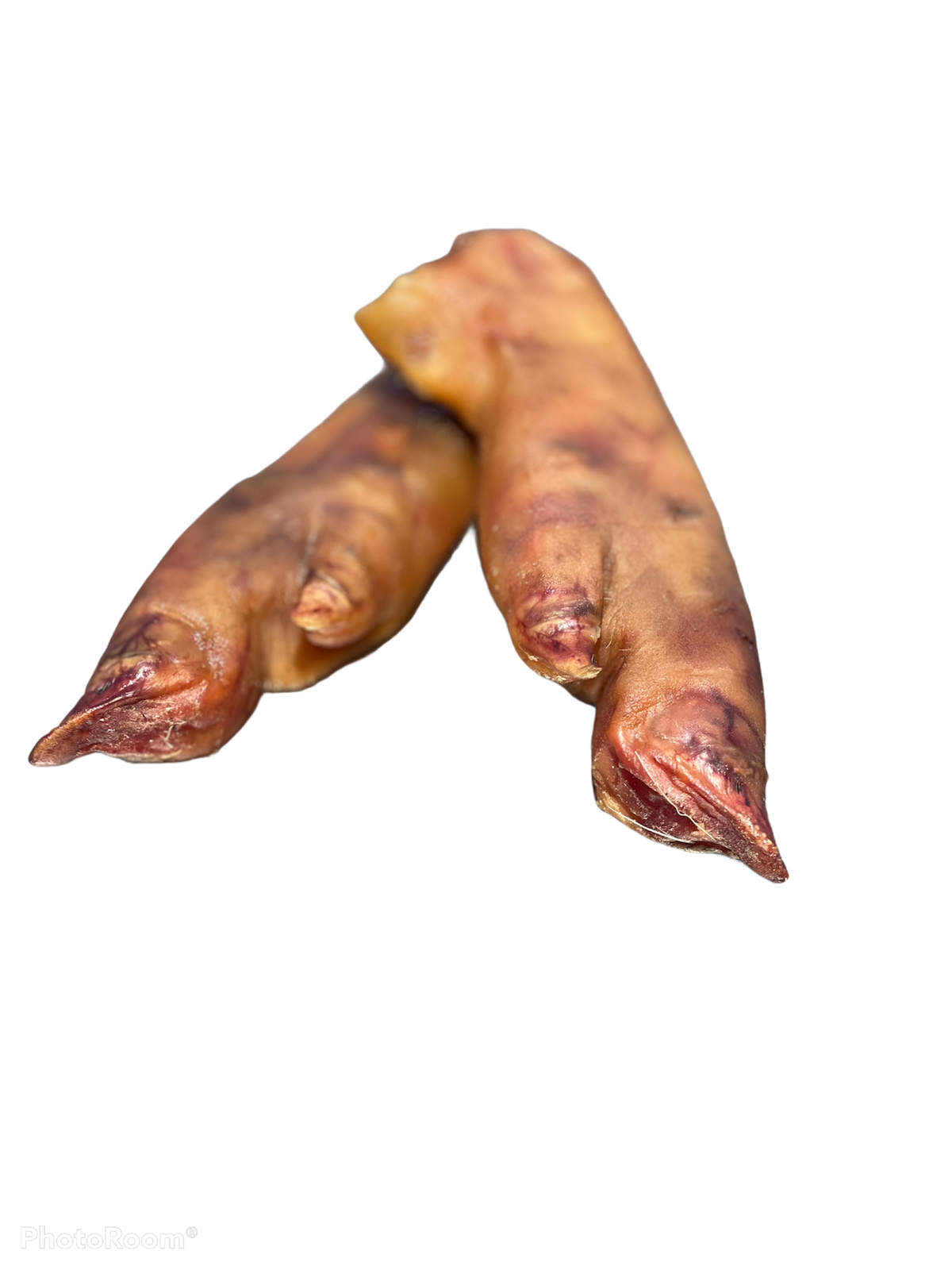 Dehydrated pig feet dog chews from Bear's Bites, single ingredient, natural dog treat with crunchy texture and visible pig feet.