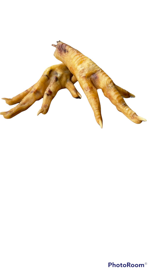 Dehydrated chicken feet dog chews from Bear's Bites, showing crispy, natural dog treats with visible chicken feet texture.