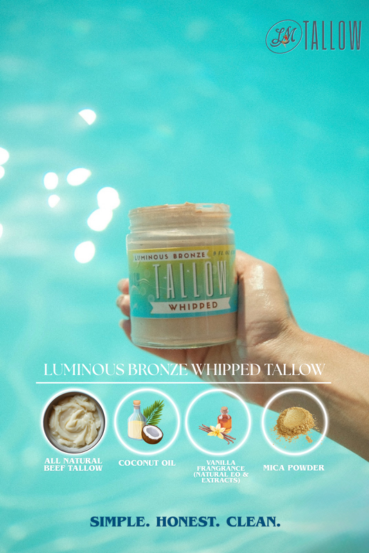 Luminous Bronze Whipped Tallow Moisturizer by The Lady May, natural bronzing body butter with mica, in a creamy jar.