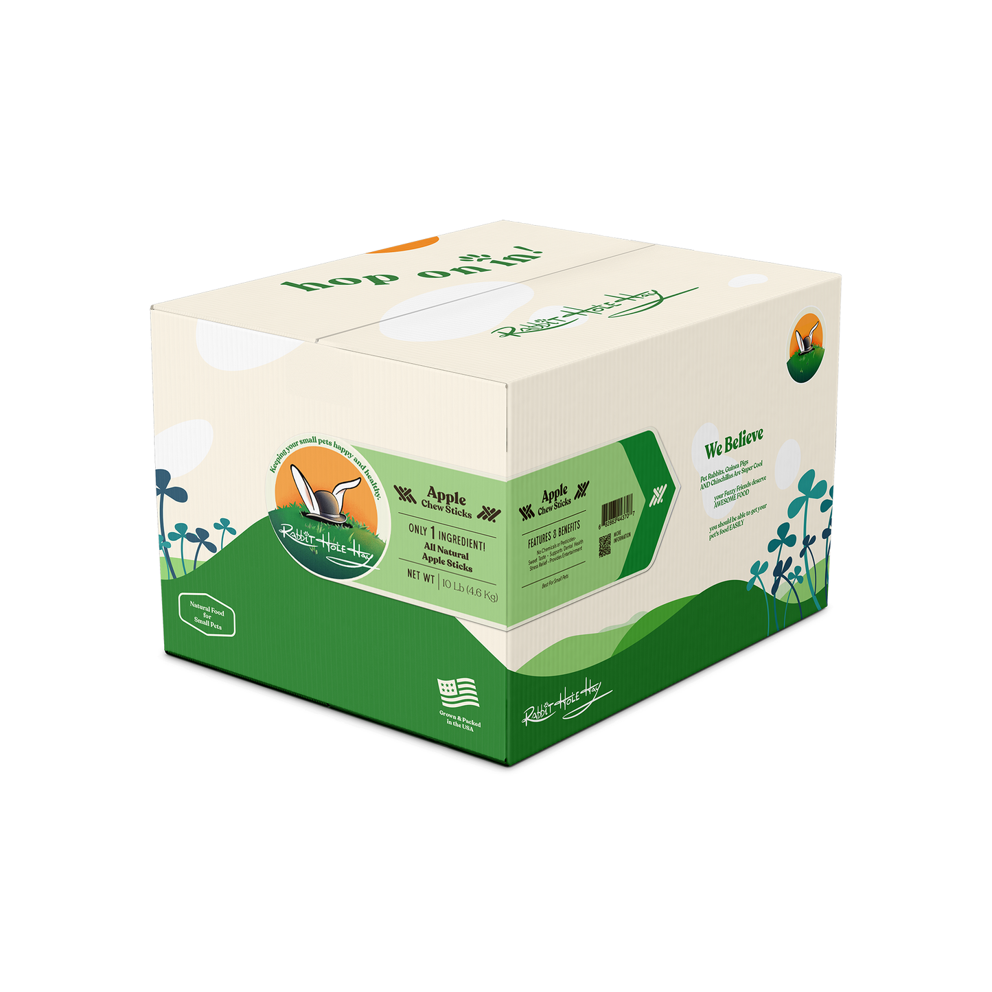 Natural apple chew sticks for rabbits from Rabbit Hole Hay, made from all-natural hay and apple for safe chewing fun.