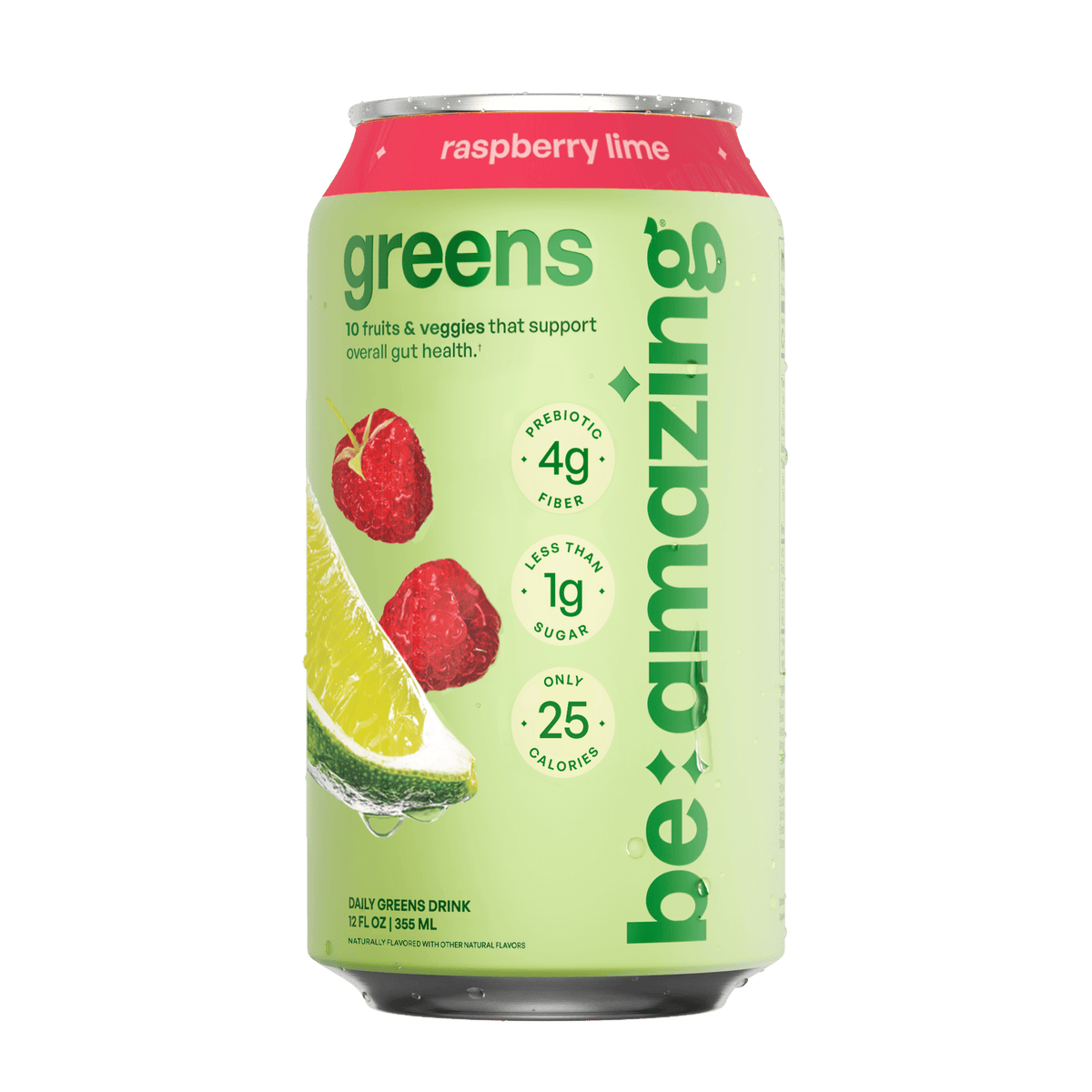 Be Amazing Daily Greens Drink in Raspberry Lime flavor, ready-to-drink beverage with vibrant raspberry and lime ingredients.